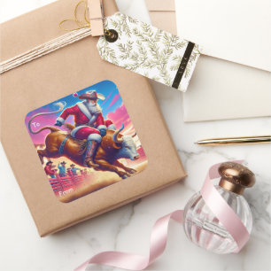 Cowboy Santa Bull Riding Gift Label Sticker