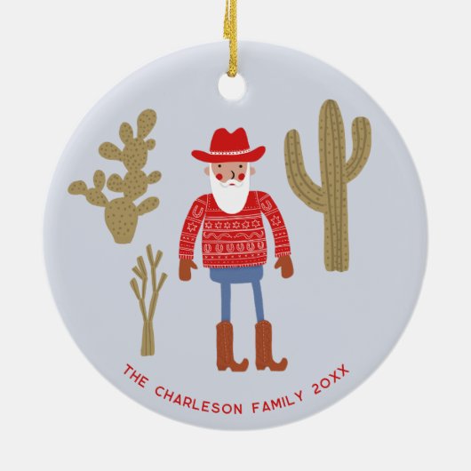Cowboy Santa Claus Christmas Custom Text Keramisch Ornament (Achterkant)