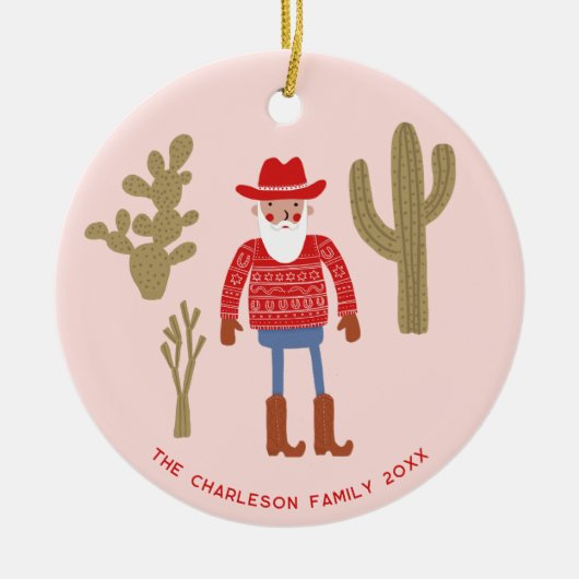 Cowboy Santa Claus Christmas Custom Text Keramisch Ornament (Voorkant)