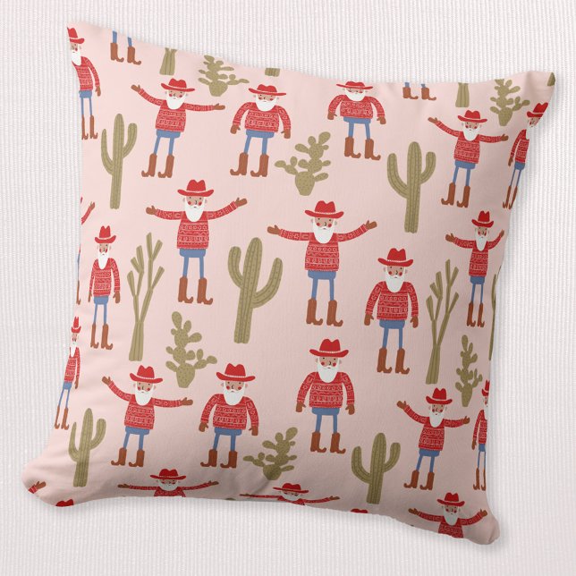 Cowboy Santa Claus Western Christmas Pink Kussen (Fun Cowboy Santa Claus pattern Western Christmas Holiday throw pillow)
