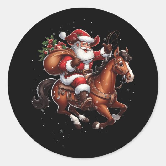 Cowboy Santa Riding Een Paard Kerstmis Grappig Wes Ronde Sticker (Voorkant)