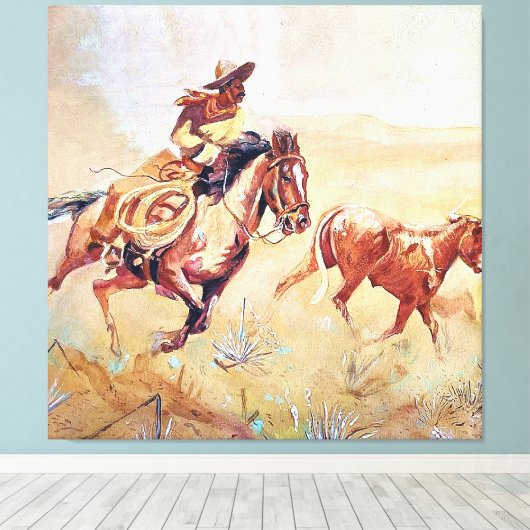 Cowboy Schilderij van Eward Borein Canvas Afdruk (Insitu (Houten vloer))