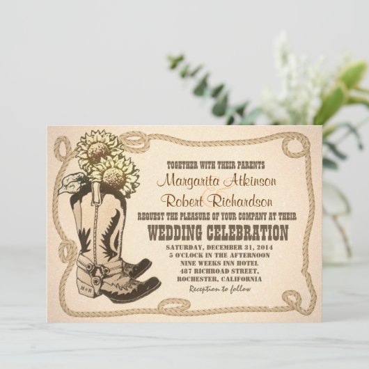 Cowboy schoenen rustieke bruiloft uitnodigingen (Staand voorkant)