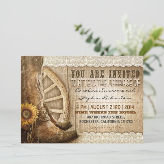 Cowboy Schoenen Zonnebloemen Bruin Hout Huwelijksu Kaart (Staand voorkant)