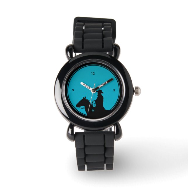 Cowboy Silhouet op Turquoise Horloge (Voorkant)