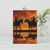 Cowboy silhouet paardrijden in westerse zonsonderg kaart (Staand voorkant)