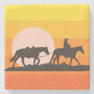Cowboy Silhouet Worpillow Western Sunset Stenen Onderzetter