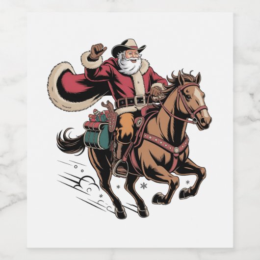 Cowboy Sinterklaas kerstman op een paard Kerstmis  Wijn Etiket (Enkel label)