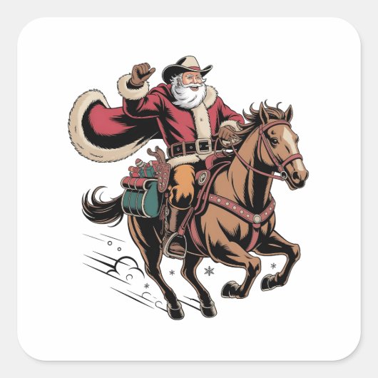 Cowboy Sinterklaas Kerstman Riddt op een Paard Ker Vierkante Sticker (Voorkant)