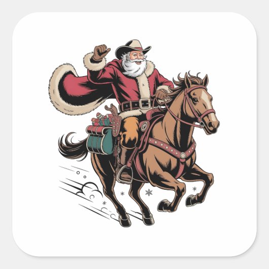 Cowboy Sinterklaas Kerstman Riddt op een Paard Ker Vierkante Sticker (Voorkant)