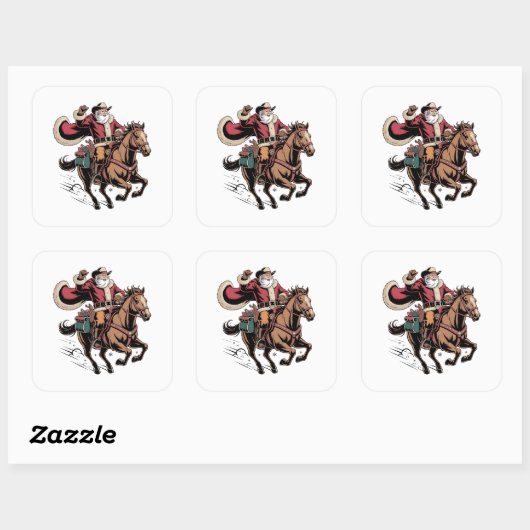 Cowboy Sinterklaas Kerstman Riddt op een Paard Ker Vierkante Sticker (Vel)