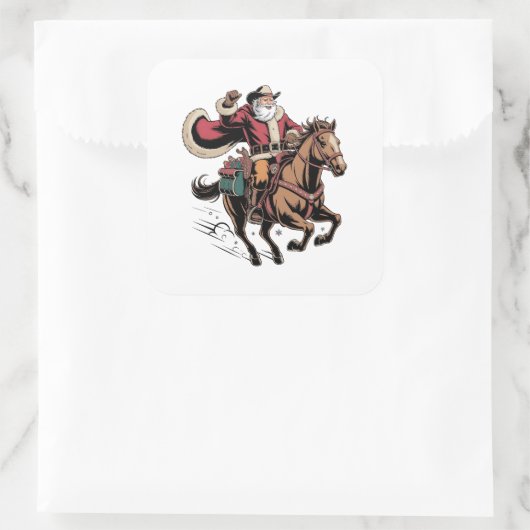 Cowboy Sinterklaas Kerstman Riddt op een Paard Ker Vierkante Sticker (Tas)