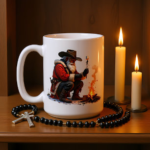Cowboy Sinterklaas roostert kampvuurmarshmallow Koffiemok