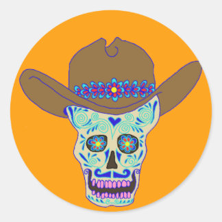 cowboy skull, Dia de los Muertos Ronde Sticker