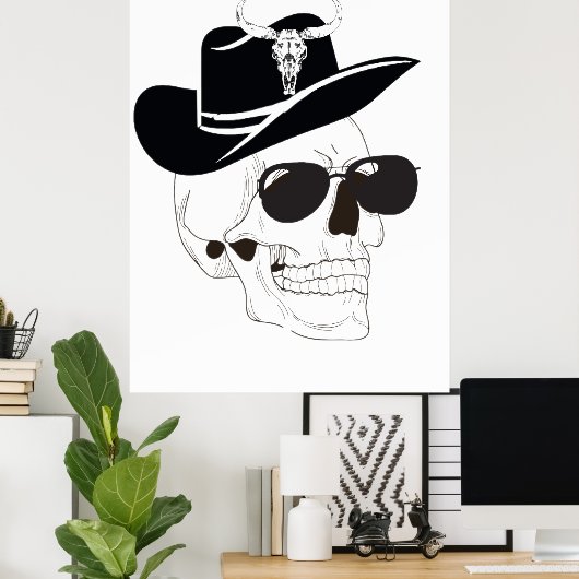 Cowboy Skull met zonnebril en Pet – Westerne Gothi Poster (Thuiskantoor)