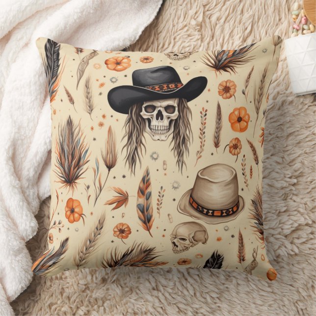 Cowboy Skull & Pumpkin Boho Naadloos Patroon Kussen (Deken)