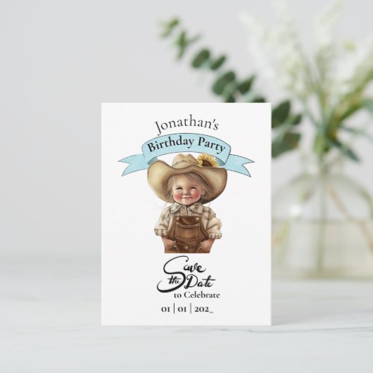 Cowboy Sla de datum op Gelukkige verjaardag jongen Briefkaart (Staand voorkant)