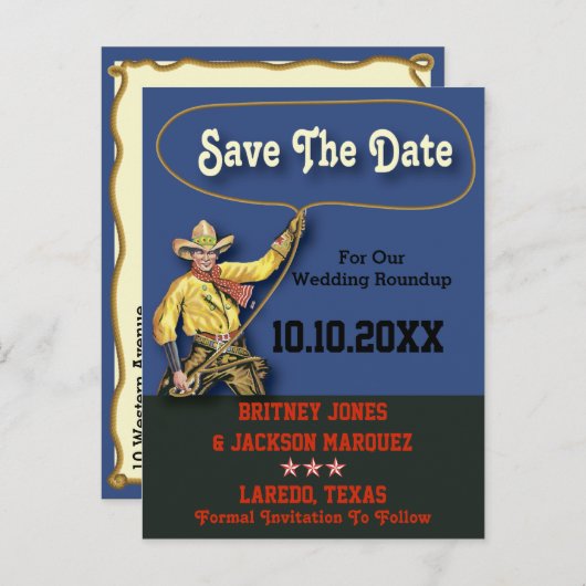  cowboy slaat de datum op aankondigingskaart (Voorkant / Achterkant)