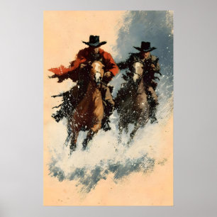 Cowboy Sneeuw Charge Kunstprint, Vintage Western A Poster