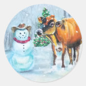 Cowboy Sneeuwman Kerstmis Ronde Sticker (Voorkant)