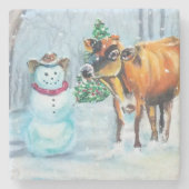 Cowboy Sneeuwman Kerstmis Stenen Onderzetter (Voorkant)