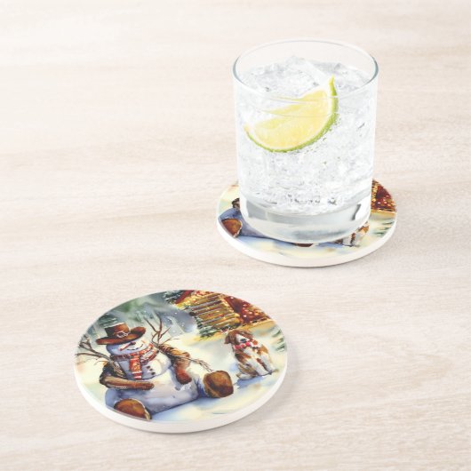 Cowboy Sneeuwman Kerstmis Zandsteen Onderzetter (Zijkant)