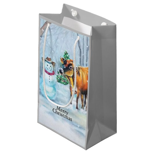 Cowboy Sneeuwman & Koe Kerstmis Klein Cadeauzakje (Voorkant Gekanteld)