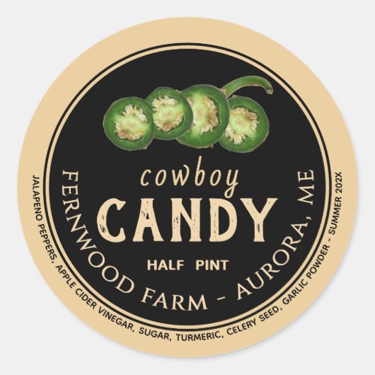 Cowboy Snoep gekonfijte Jalapeno Pepper Spicy Jell Ronde Sticker (Voorkant)