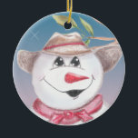 Cowboy Snowman in Red Scarf, geïllustreerd Ornamen Keramisch Ornament<br><div class="desc">Opgetekend in #6 potlood,  vervolgens gekleurd met olienpotlood,  met geverfde boombladeren in acryl</div>