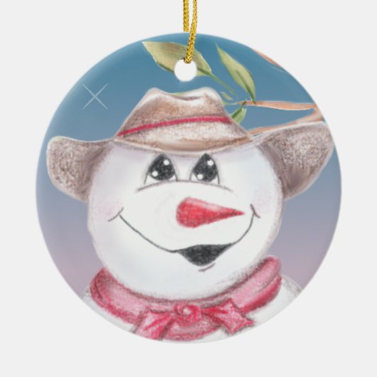 Cowboy Snowman in Red Scarf, geïllustreerd Ornamen Keramisch Ornament (Voorkant)