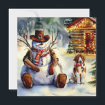 Cowboy Snowman Kerstfeest Kaart<br><div class="desc">Heerlijk tafereel van een Cowboy Snowman zittend met de Sint Bernard van het huis voor een warme hut. Creëer in de stijl van waterverf.</div>