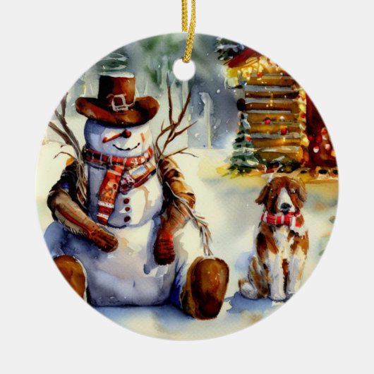 Cowboy Snowman Kerstversiering Keramisch Ornament (Voorkant)