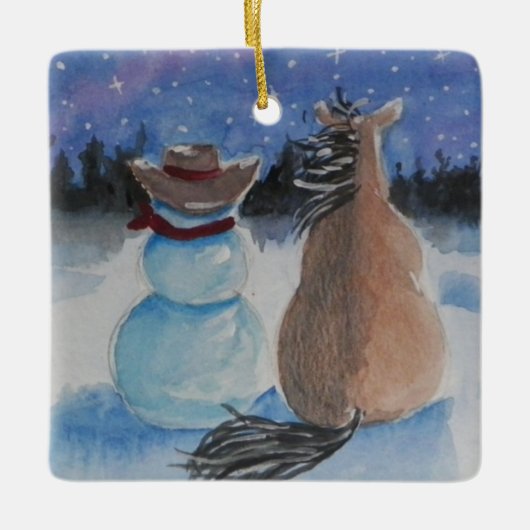Cowboy Snowman met paardenkerstfeestdag Keramisch Ornament (Voorkant)
