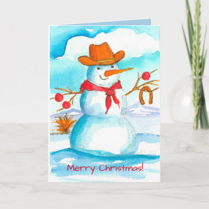 Cowboy Snowman Waterverf Merry Kerstmis Feestdagen Kaart
