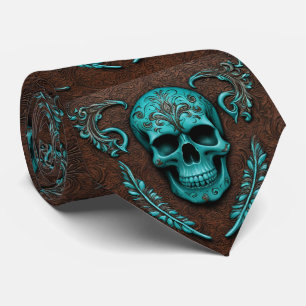 Cowboy Southwestern Brown Blauwgroen Sugar Skull Stropdas