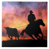 Cowboy Steer Roping in Sunset Tegeltje (Voorkant)