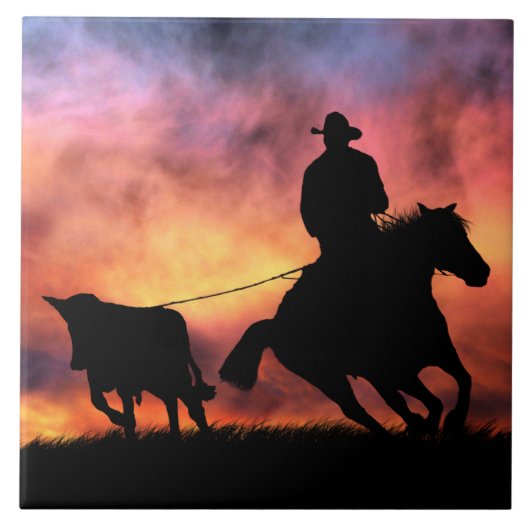Cowboy Steer Roping in Sunset Tegeltje (Voorkant)