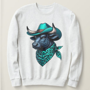 Cowboy Stier Met Turquoise Hoed en Gebloemd Sjaal Trui