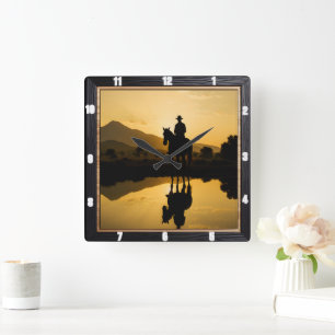 Cowboy Sunset Horseback Reflectie Vierkante Klok