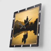 Cowboy Sunset Horseback Reflectie Vierkante Klok (Hoek)