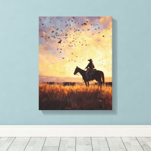 Cowboy Sunset Ride Silhouette Painting Canvas Afdruk (Insitu (Houten vloer))