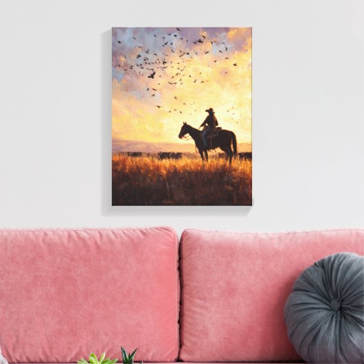 Cowboy Sunset Ride Silhouette Painting Canvas Afdruk (Insitu (Woonkamer))