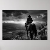 Cowboy te paard bij zonsondergang B&W foto Poster (Voorkant)