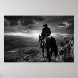 Cowboy te paard bij zonsondergang B&W foto Poster