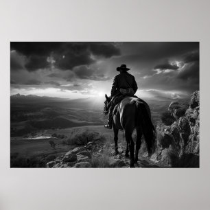Cowboy te paard bij zonsondergang B&W foto Poster