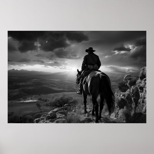 Cowboy te paard bij zonsondergang B&W foto Poster (Voorkant)