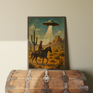 Cowboy te paard UFO ontmoet Wall Art Poster