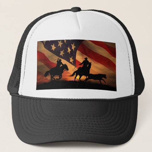 Cowboy Team Roping Rodeo Patriotic Country Rusitc Trucker Pet (Voorkant)