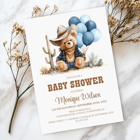 Cowboy Teddy Bear Baby Shower Uitnodiging