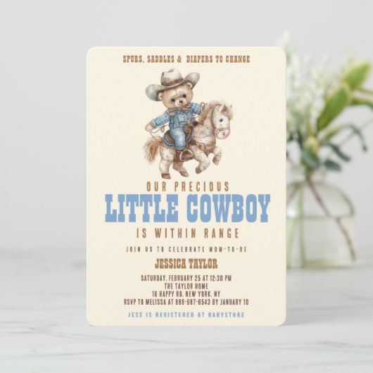 Cowboy Teddy Bear Wild West Baby Jongen Douche Kaart (Staand voorkant)
